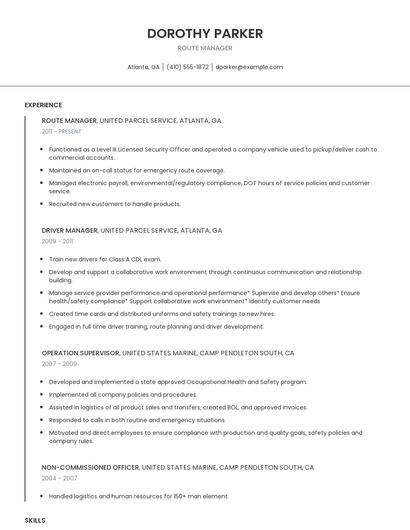 Route Manager Resume