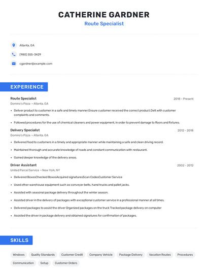 Route Specialist Resume