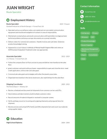 Route Specialist Resume