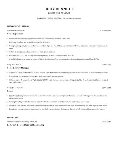 Route Supervisor Resume