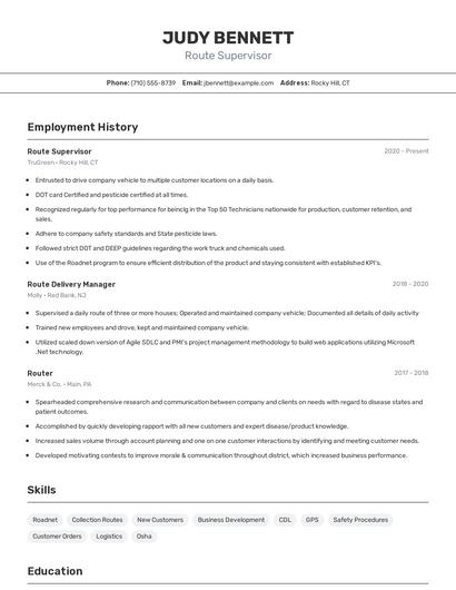 Route Supervisor Resume