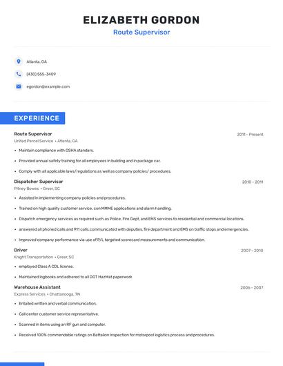 Route Supervisor Resume