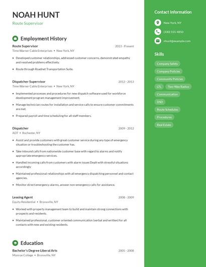 Route Supervisor Resume