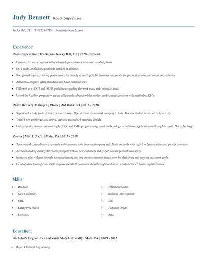 Route Supervisor Resume