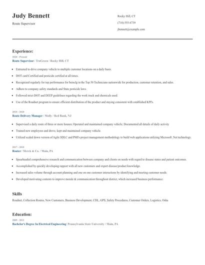 Route Supervisor Resume