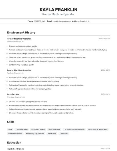 Router Machine Operator Resume