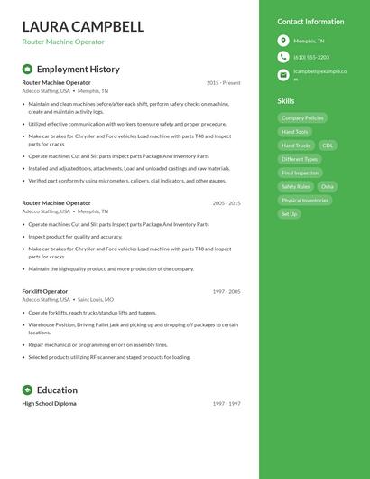 Router Machine Operator Resume
