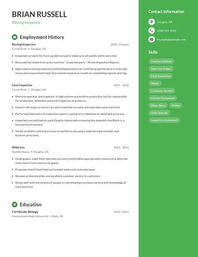 Roving Inspector Resume