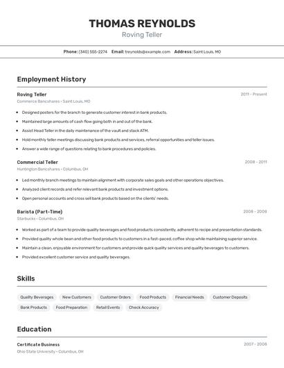 Roving Teller Resume