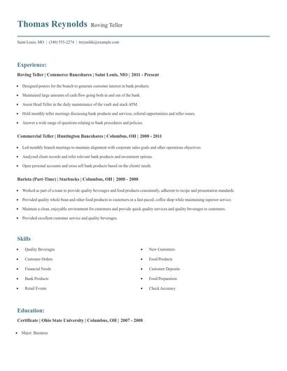 Roving Teller Resume