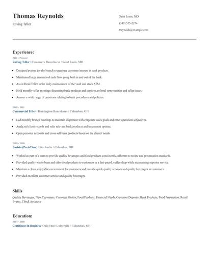Roving Teller Resume