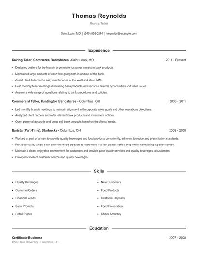 Roving Teller Resume