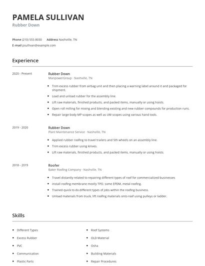 Rubber Down Resume