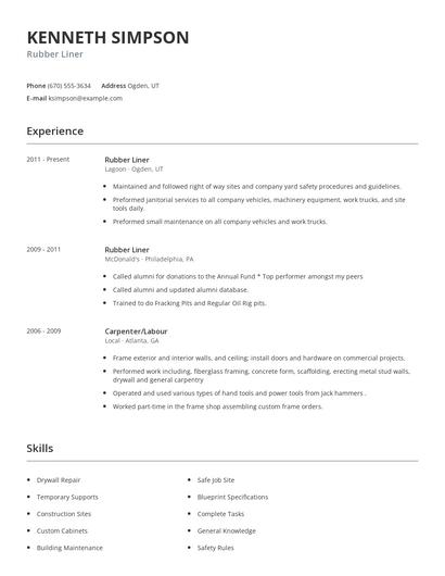 Rubber Liner Resume
