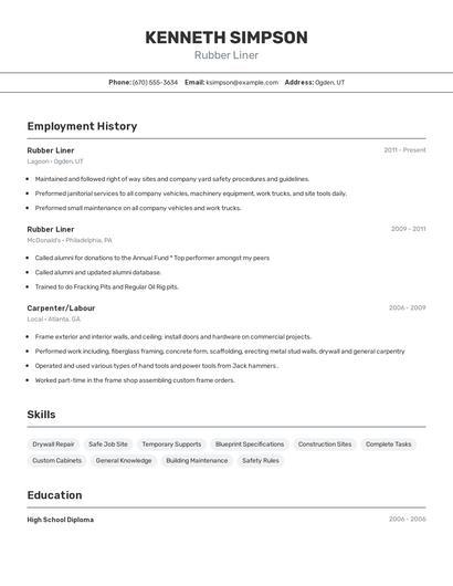 Rubber Liner Resume