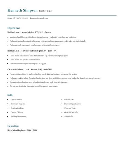Rubber Liner Resume