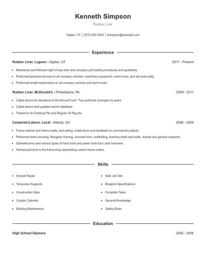Rubber Liner Resume