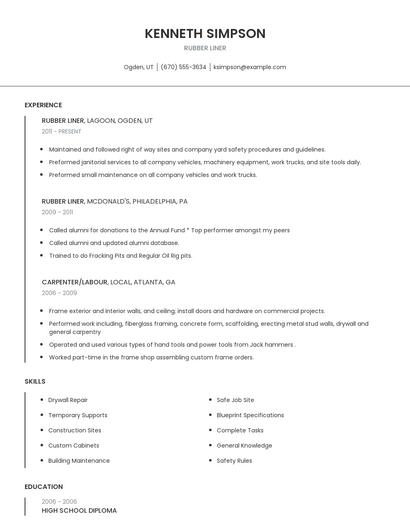 Rubber Liner Resume