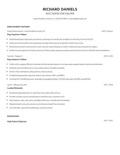Rug Inspector Helper Resume