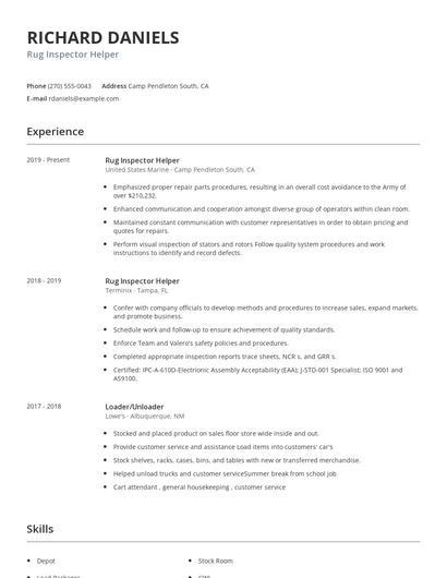 Rug Inspector Helper Resume