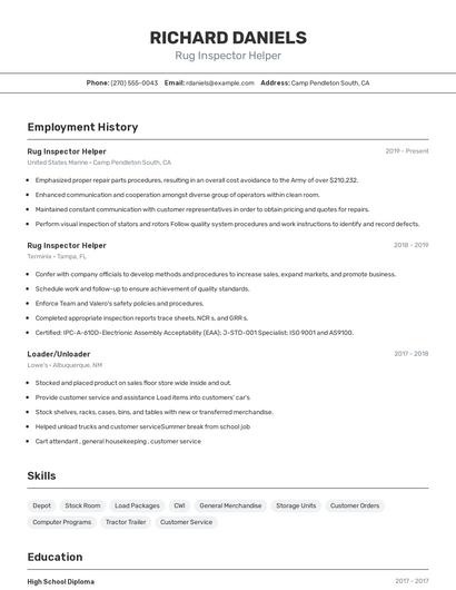 Rug Inspector Helper Resume