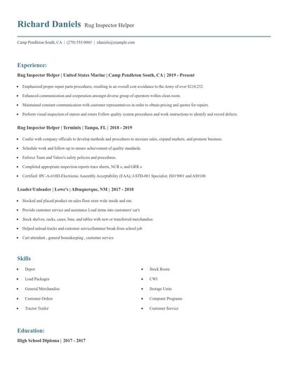 Rug Inspector Helper Resume
