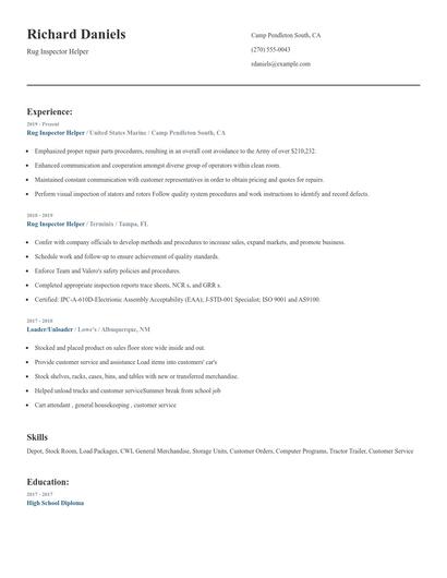 Rug Inspector Helper Resume