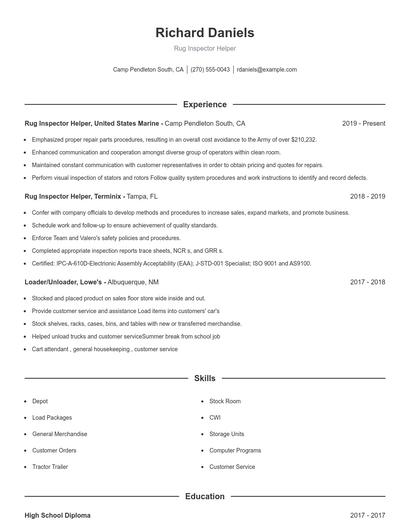 Rug Inspector Helper Resume