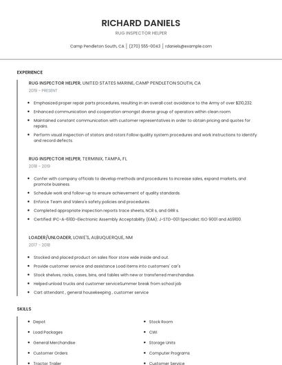 Rug Inspector Helper Resume