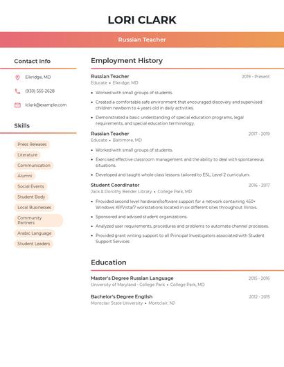 Russian Teacher Resume