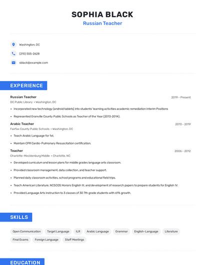 Russian Teacher Resume