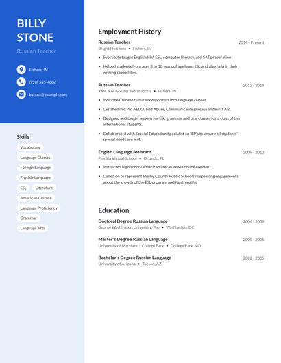 Russian Teacher Resume