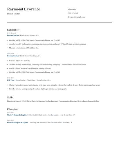 Russian Teacher Resume