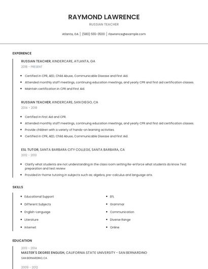 Russian Teacher Resume