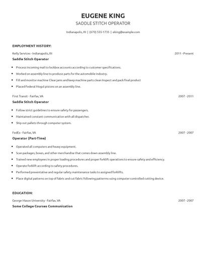 Saddle Stitch Operator Resume