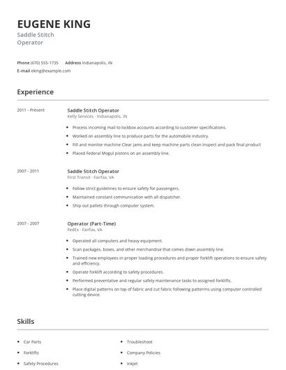 Saddle Stitch Operator Resume