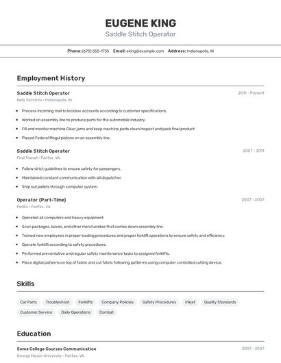 Saddle Stitch Operator Resume