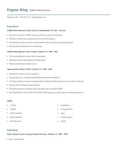 Saddle Stitch Operator Resume