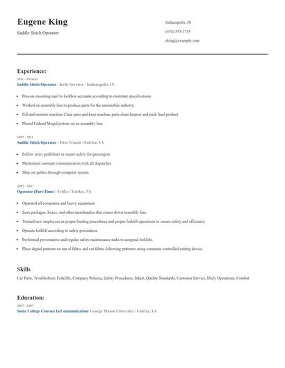 Saddle Stitch Operator Resume