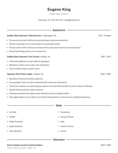 Saddle Stitch Operator Resume