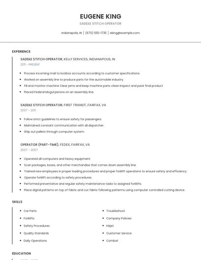 Saddle Stitch Operator Resume