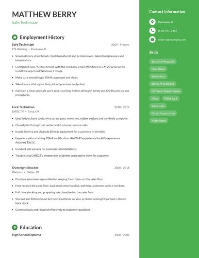 Safe Technician Resume