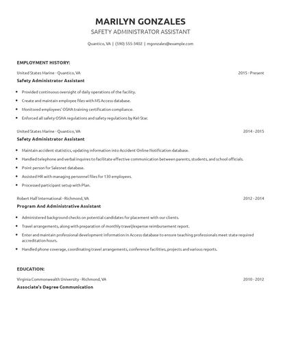 Safety Administrator Assistant Resume
