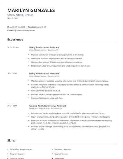 Safety Administrator Assistant Resume