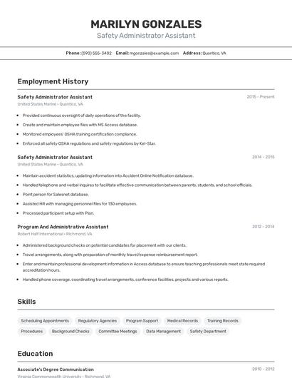 Safety Administrator Assistant Resume
