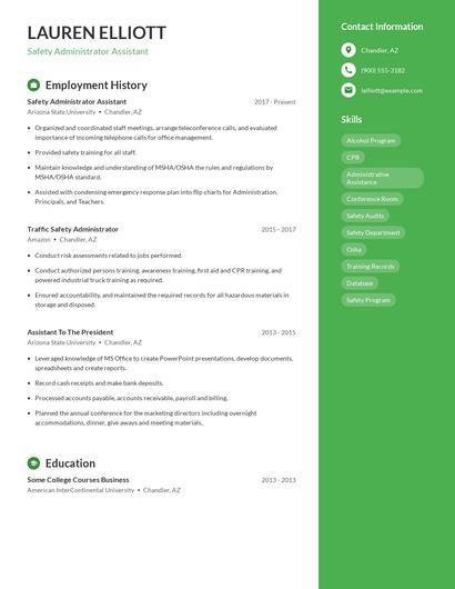 Safety Administrator Assistant Resume