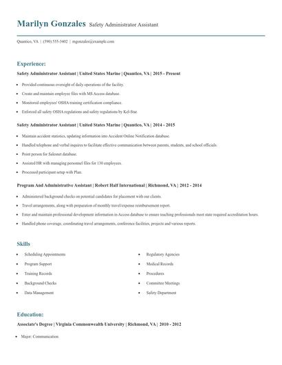 Safety Administrator Assistant Resume
