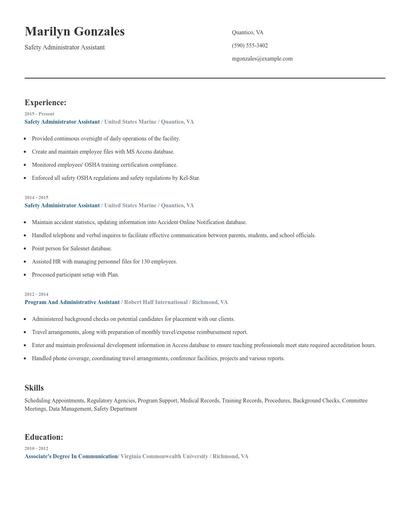 Safety Administrator Assistant Resume