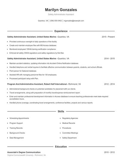 Safety Administrator Assistant Resume