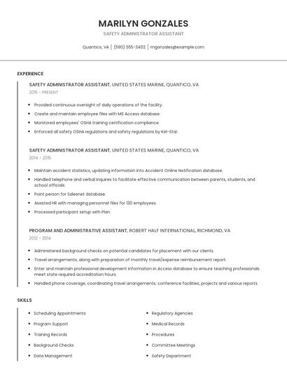 Safety Administrator Assistant Resume